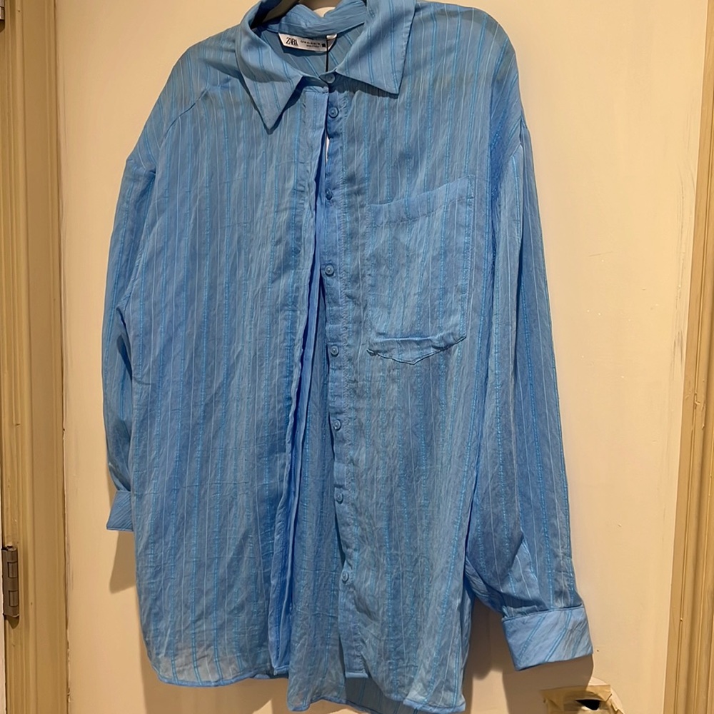 blue button up with stripes